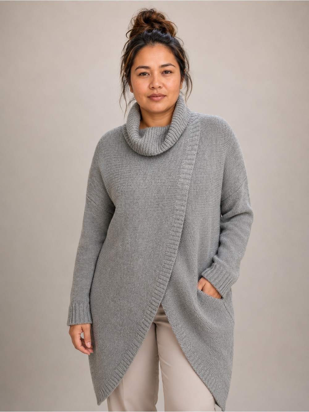 Cozy Grey Asymmetrical Cowl Neck Sweater